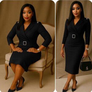 Women Belted V-Neck Sheath Midi Dress in Green, Black & Blue- S, M , L, XL